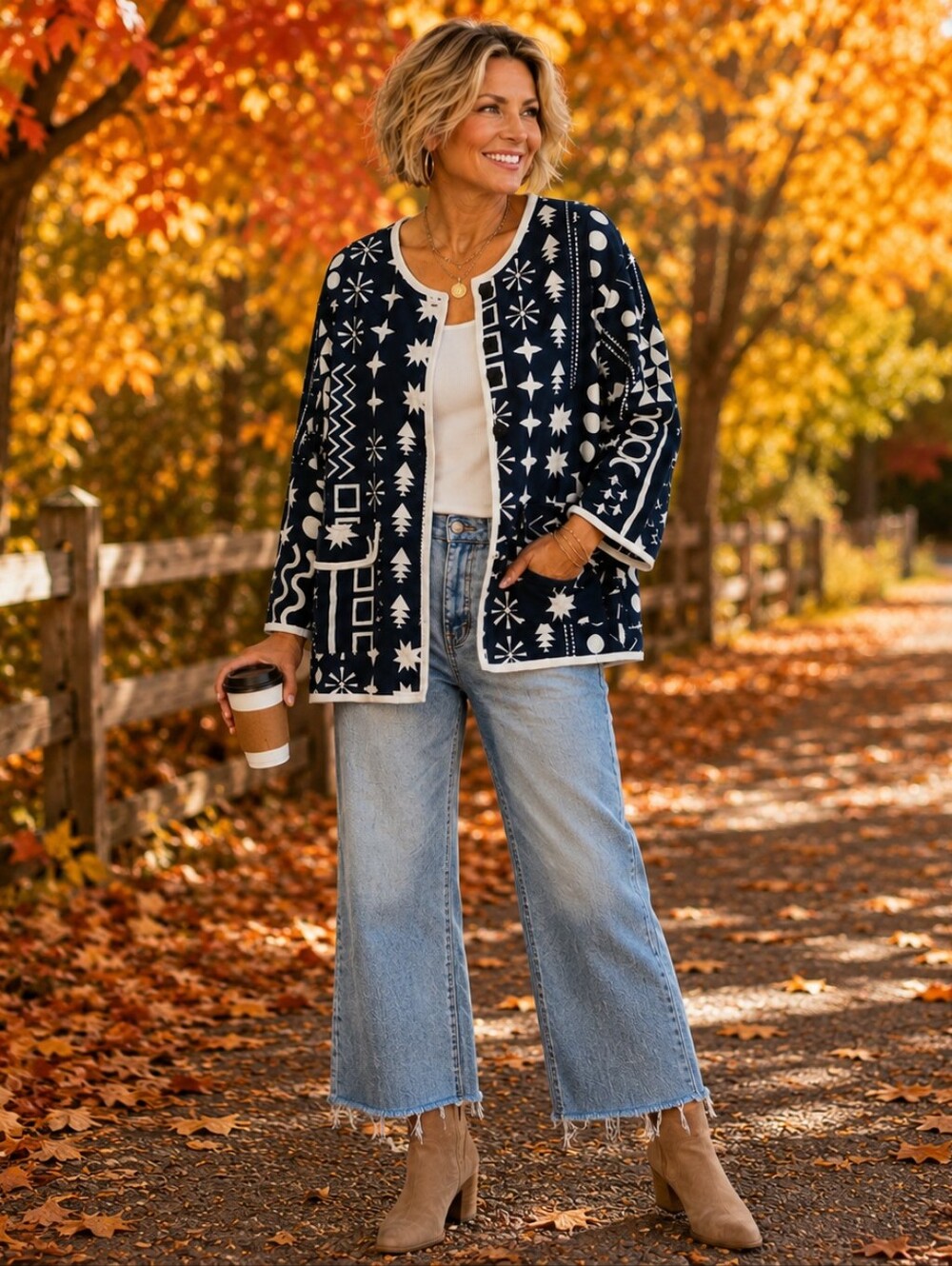 Patterned Navy & Cream Button Front Jacket